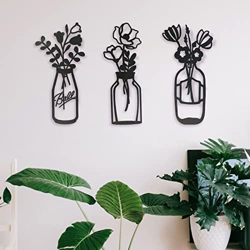 FUFRE Wanddeko Metall, 3 Stück Metall Blumen Wanddeko Schwarz Wandbild Hollow Modern Wandkunst Für Verschiedene Gelegenheiten, Wie Kabinenschlafzimmer, Wohnzimmer Zimmer, Büro, Küche Usw.