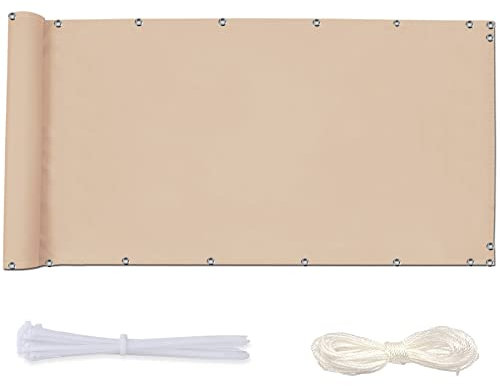 Redfire Balkon Sichtschutz Ohne Bohren 90x900cm,UV-Schutz Sichtschutz Camping Blickdichte Wind Balkonverkleidungen mit Ösen Nylon Kabelbinder und Kordel für Schwimmbäder,Beige