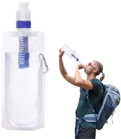 ROUDJER Water Filter Straw Personal Water Purifier, 480ml Foldable Squeeze Travel 0.01 Micron Filter Water Bottle with Sturdy Carabiner for Hiking Camping Travel Emergency Preparedness(White)