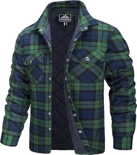 TACVASEN Veste en Flanelle pour Homme Chemises de Bûcheron Matelassées Chemise de Travail Rembourrée a Carreaux avec Poches,Vert,L