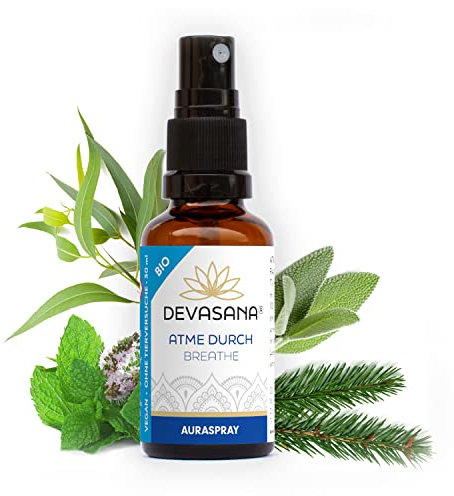 Aura Spray Atme Durch, Airspray/Raumspray 30ml, mit 100% Bio ätherischen Ölen (Eucalyptus, Pfefferminz, Fichtennadeln, Salbei), Kopfkissen Spray, 100% Vegan