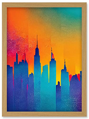 Wee Blue Coo Modern Abstract Warm Bright Colourful New York Sunset Skyline Artwork Framed Wall Art Print A4