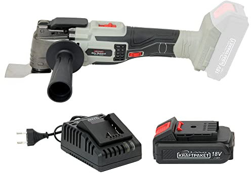 Dino KRAFTPAKET 18V Bürstenloses Akku-Multifunktionswerkzeug (Set mit 2Ah Akku und Ladegerät, 5.000-19.000 1/min) Oszillierer, Schnellspanner Aufnahme 12-fach einstellbar Motor bürstenlos