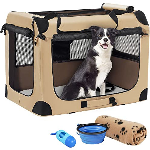 Petprsco Tragbare Hundebox, zusammenklappbare Hunde-Reisebox, 81 x 58 x 58cm, mit weicher Decke, Faltbarer Schüssel und einem Kotbeutel mit Spender für mittelgroße und große Hunde