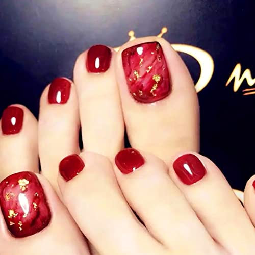 NICENEEDED 24 PCS Presse Brillante Rouge Sur les Ongles, Ongle Court Printemps Été, Pleine Couverture Artificielle Faux Ongles de Pied Conseils Ongles Acryliques Réutilisables pour Femmes Filles Décor