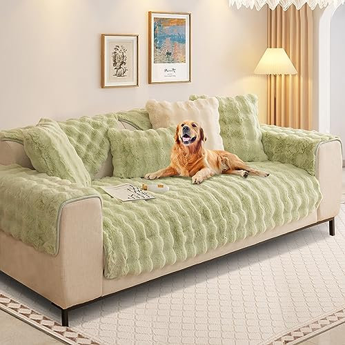 Kaninchen Plüsch Sofabezug L Form 1/2/3/4 Sitzer Sofa Überzug Ecksofa U Form, Neue Universelle rutschfeste Sofaschoner, Superweiche SofaÜberwurf aus Kunstpelz für Wohnzimmer(Grün, 90 * 240 cm)