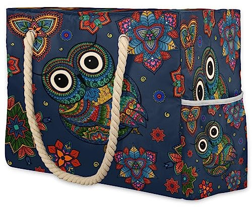 Tavisto Vintage Eule Tier Strandtaschen für Frauen, Strandtasche Tote Wasserdicht Sanddicht, Strandtaschen für Frauen mit Reißverschluss, Strandtasche, Strandtasche Tote, Große Strandtasche,