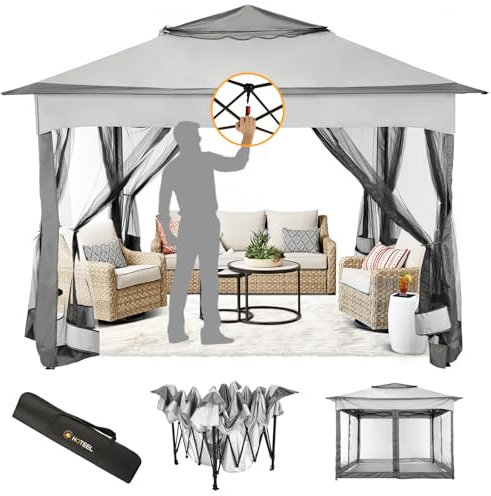 HOTEEL Garten pavillon 3x3m, Pop Up Pavillon Mit Moskitonetz, Wasserdicht Stabil Winterfest, Doppeldach Camping Pavillon, Faltpavillon mit Sandsack für Hinterhof, Partys, Rasen(Hellgrau)