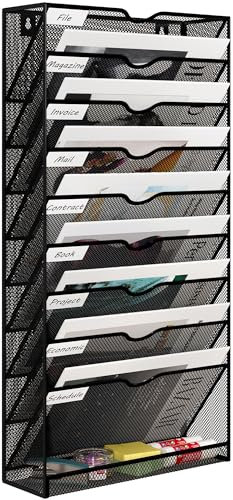 EasyPAG 10 Tier A4 Mesh in Tray Hanging Wall File Holder Mail Organiser Magazine Storage Rack,Black