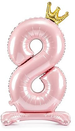 Folienballon 8. Geburtstag XXL Ballon 8 Hellrosa mit Standfuß selbststehend Ballon 8 Geburtstag Mädchen Kindergeburtstag Luftballon Zahl 8 Rosa mit goldener Krone, 84cm