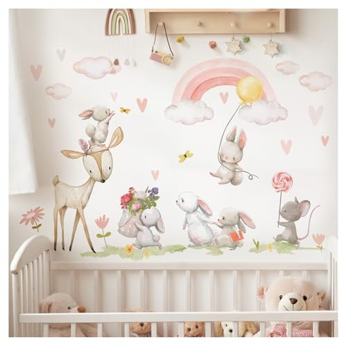 DEKO KINDERZIMMER Wandtattoo Waldtiere mit Regenbogen Wandsticker Hase REH Maus Babyzimmer Kinderzimmer Wandaufkleber Mädchen Schlafzimmer Wanddeko DK1139-06