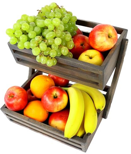 B4K Obstkorb aus Buchenholz | Größe 24x32x29 cm | Früchtekorb | Servierkorb | Verkaufsständer | Obst Etagere 2 Etagen | in 3 verschiedenen Farben erhältlich | Perfekt für Obst und Gemüse (Anthrazit)