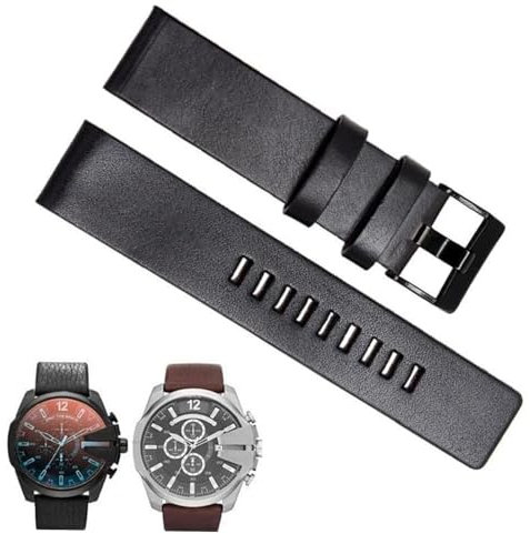 dayeer Rindsleder-Uhrenarmband für Diesel-Uhrenarmband DZ7312 | DZ4323 | DZ7257 Flaches Armband mit Dornschließe aus Edelstahl (Color : Black Black, Size : 24mm)