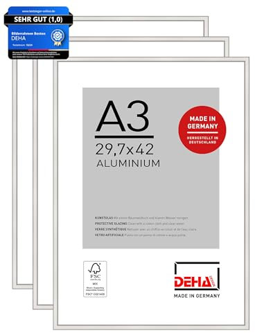 DEHA Design Bilderrahmen, 29,7 x 42 cm (A3) (3er Set), Aluminium, Silber glanz, Posterrahmen zum Aufhängen im Hoch- & Querformat, bruchsicheres Kunstglas, Boston