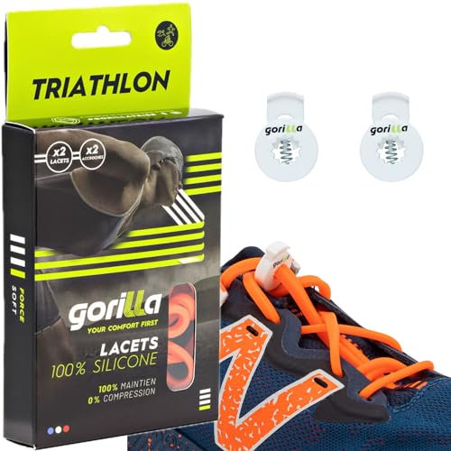 Gorilla - Lacets Elastiques Triathlon - Dépassez vos Objectifs Sportifs - Gagnez du Temps, Adieu les Nœuds Bonjour le Confort - Autobloquants Ultra Résistants - 123 cm