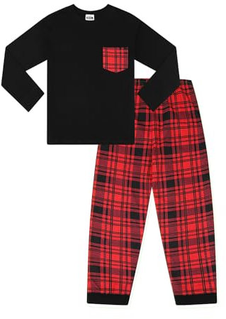 ThePyjamaFactory Children's - Boys Black/Red Pyjamas Plain Long Sleeve Top & Woven Tartan Check Bottoms (12-13 Years)