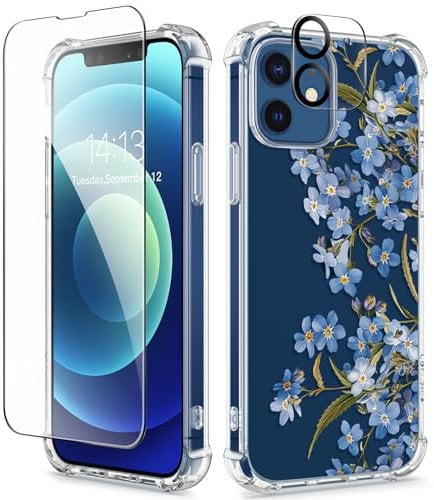 GVIEWIN Compatible with iPhone 12 Case and iPhone 12 Pro Case 6.1 Inch 2020, Soft & Flexible TPU Shockproof Cover Women Girls Flower Pattern Phone Case (Aconite/Blue)