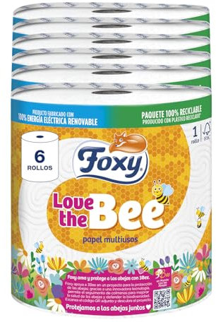 Foxy Love the Bee | 2 capas |Papel cocina 6 rollos | 295 servicios por cada rollo | Certificación FSC | 100% Energía eléctrica renovable | Paquete reciclable producido con plástico reciclado