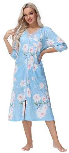 Verve Jelly Nightgown House Dress Zip up Robes for Women Long Lounge Dress Floral House Coat Women Light Blue XL