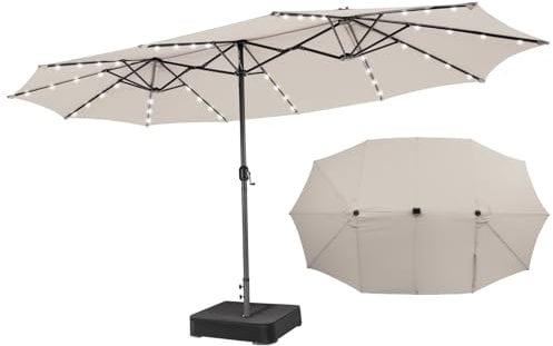COSTWAY Ombrellone Doppio da Giardino 450 x 260 cm, Ombrellone con 48 Luci LED, Ombrellone Rettangolare con Base e Manovella, per Giardino Piscina Cortile (Beige)