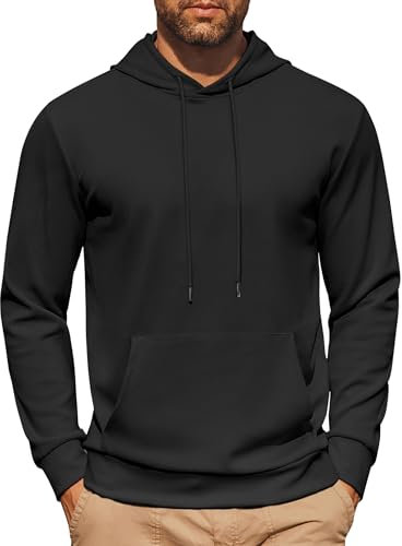 COOFANDY Herren Kapuzenpullover Twill Langarm Casual Twill Hoodie Pullover Einfarbig Klassisch Sweater mit Tasche Schwarz L