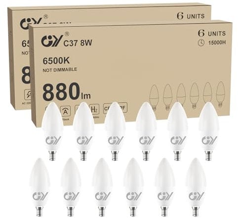 GY E14 LED Bulb Small Edison Screw SES Candle Energy Saving Bulb, 6500K Cool White 8W 880 Lumens, 80W Halogen Equivalent, 280° Beam Angle Non-Dimmable, Pack of 12