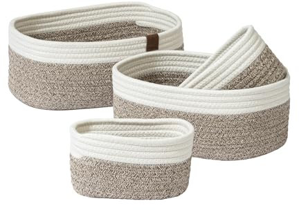 La Jolíe Muse Seil Aufbewahrungskörbe für die Organisation, kleiner Baumwoll-Flechtkorb für Bad, Regal, Kinderzimmer, dekorative Aufbewahrungskörbe 4er-Set, Braun & Weiß