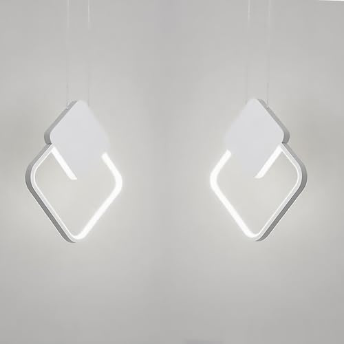 LIGKIN 2 Stück LED-Kronleuchter Quadrat 11W Hängeleuchte, Moderne Pendelleuchte Aluminium Kreative Deckenleuchte für Küche Esszimmer Wohnzimmer Schlafzimmer, Weiß