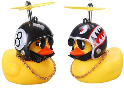 EIHI Moped Zubehör, Gummiente, Gummi Gelb Ente Auto Ornament, Coole Fahrradglocke Dekorationen mit Propellerhelm für Erwachsene Kinder, Hai und Schwarze Acht, 2 Stück