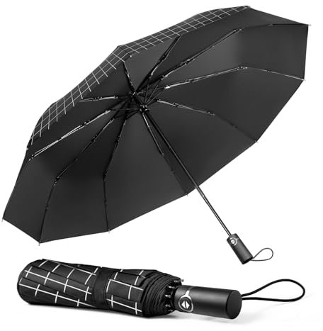 TechRise Parapluie Pliable, Parapluie Automatique Compact Coupe-vent avec 10 Baleines, Ouverture et Fermeture Automatiques à un Seul Bouton, Parapluie Portable pour Hommes et Femmes, Carreaux Noirs