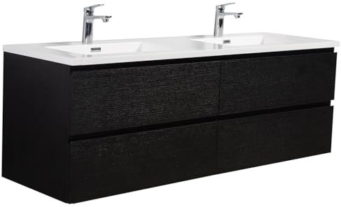 Badezimmer Badmöbel-Set Angela 140cm - Schwarz Holz - Unterschrank Schrank Waschbecken Waschtisch