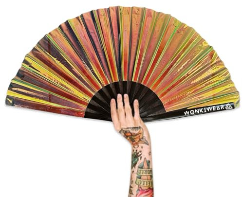 WONKIWEAR Fan, Folding Handheld, Iridescent, Holographic, Large Strong Black Bamboo. Unisex for Rave, Festival, Concert, Drag, Gay Pride (Unicorn Iridescent, Large)