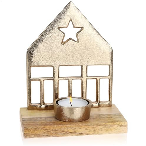 com-four® Teelichthalter aus Aluminium und Mangoholz - weihnachtliches Windlicht - Lichthaus Kerzenhalter - Weihnachtsdeko in Hausform für Teelicht