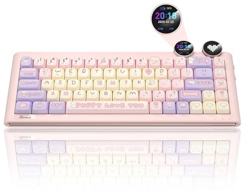 FOPATO D68 Clavier de jeu 68 % RVB, structure de joint remplaçable à chaud, clavier mécanique à 3 modes, Bluetooth sans fil avec interrupteur linéaire, touches PBT, écran pour Windows Mac (rose)