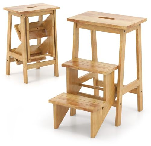 COSTWAY 3 Tier Step Stool for Kids and Adults, Folding Wooden Stepladder with Handle, Non-Slip Pedal, Multifunctional Household Ladder Display Rack Shoe Bench (Natural)