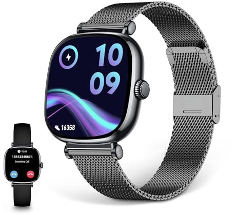 KSIX Iria Smartwatch Mujer, Pantalla AMOLED 1.70, Autonomía 4 días, Modos Deporte y Salud, Notificaciones, Llamadas, Asistente de Voz, Correa Metal y Silicona, Negro