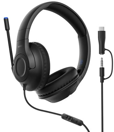 Belkin Gaming Inspire Kids Wired Headphones with USB-C Dongle, Adjustable Boom Microphone, 85dB Safe Volume Limit for Nintendo Switch 2, iPhone 16, Samsung Galaxy S25, Tablet, Ideal for Travel - Black