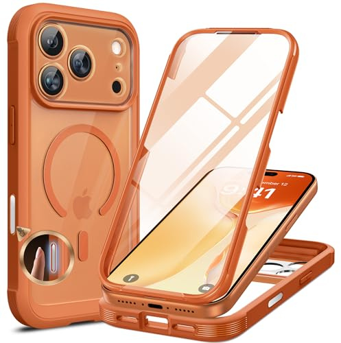 Miracase 360 Grad für iPhone 17 Pro Hülle mit Magsafe, Eingebaut Glas Schutzfolie, Komplettschutz HandyHülle Magnetisch Stoßfest Case für iPhone 17 Pro Schutzhüllen 6,3 Zoll,Orange