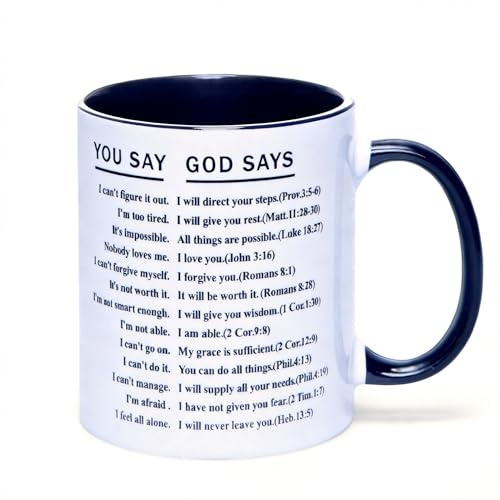 HilihoHaven You Say God Says Bible Verses Mug - Inspirational Scripture Coffee Cup with Encouraging Promises for Faith - Christian Gifts for Men Christmas, Halloween, Easter, Birthday (White)
