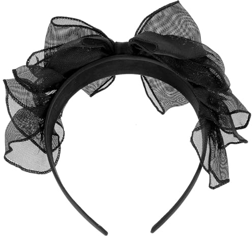 HOMOCONO Haarreif aus Stoff und Bequem Haarschonend für Festival Retro Spitzen mit Großer Schwarzer Schleife als Eleganter Kopfschmuck Party