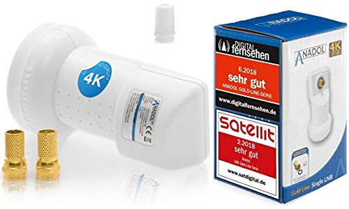 [ Test 2X SEHR GUT ] Anadol Gold Line Single LNB 0.1dB Digital für 1 Teilnehmer Direkt Anschluss 1fach Full HD TV 3D 4K + Kontakte vergoldet + Wetterschutz im Set mit 2 F-Stecker vergoldet GRATIS