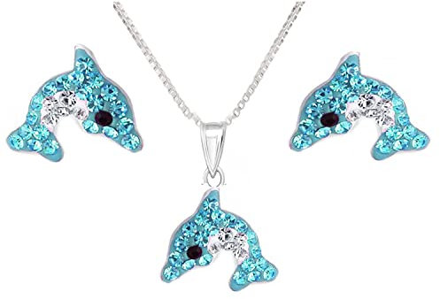 FIVE-D Kinder Ohrringe Delfin aus Kristall 925 Sterling Silber im Schmucketui (Delfin-Set Blau)