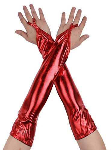 inlzdz Damen Glänzend Handschuhe Metallic Fingerlose Lange Handschuhe Wetlook Lederhandschuhe Tanz Party Clubwear Kostüm (16 Farben) Rot B One Size