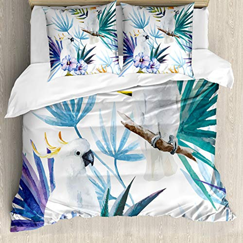 ABAKUHAUS Tropisch Bettbezugs Set Für Doppelbetten, Aquarell Parrot Palm, Milbensicher Allergiker geeignet mit Kissenbezügen, Weiß Hellblau