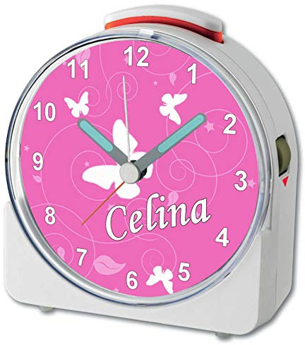 CreaDesign, WU-71-1032-02, Schmetterling Rosa, analog Kinderwecker weiß, Funkwecker mit Sweep-Uhrwerk und fluoreszierenden Zeiger und Licht, personlisiert mit Namen, 10,2 x 4,6 x 11 cm