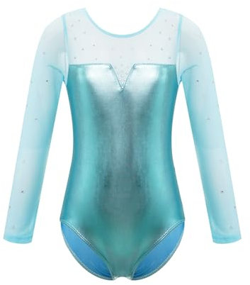 CHICTRY Metallic Turnanzug Mädchen Langarm Strass Glitzer Gymnastikanzug Stretch Rundhals Ballett Body Patchwork Trikot Tanzbody Wettbewerb Tanzkostüm Grün 146-152