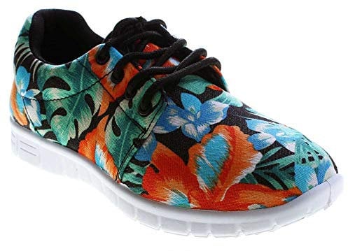 Damen Sneaker Leinenschuhe Halb Schuhe leicht flexibel bunt Muster Schnürer flach Schwarz Orange Größe 36
