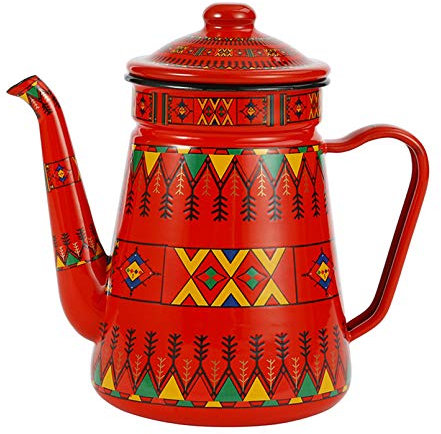 Pevfeciy Vintage Style Enamel Teapot White And Black Grid Coffee Pot Middle East Tea Kettle Wine Milk Mug 1.2 L,red diamond,1.2 L