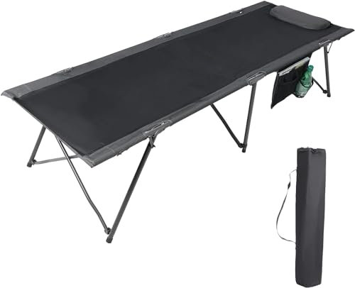 Portal Campingbett feldbett klappbar 200 cm x 70 cm XXL 160kg Belastbar Faltbar Gästebett mit Aufbewahrungstasche & Kopfkissen für Camping Reisen Schwarz