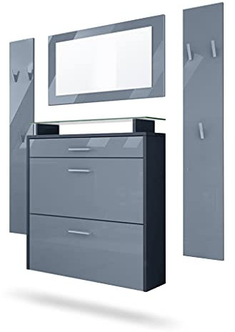 Vladon Garderobe Malea, Garderobenset bestehend aus 1 Hängeschuhschrank, 1 Wandspiegel und 2 Garderobenpaneele, Anthrazit matt/Grau Hochglanz